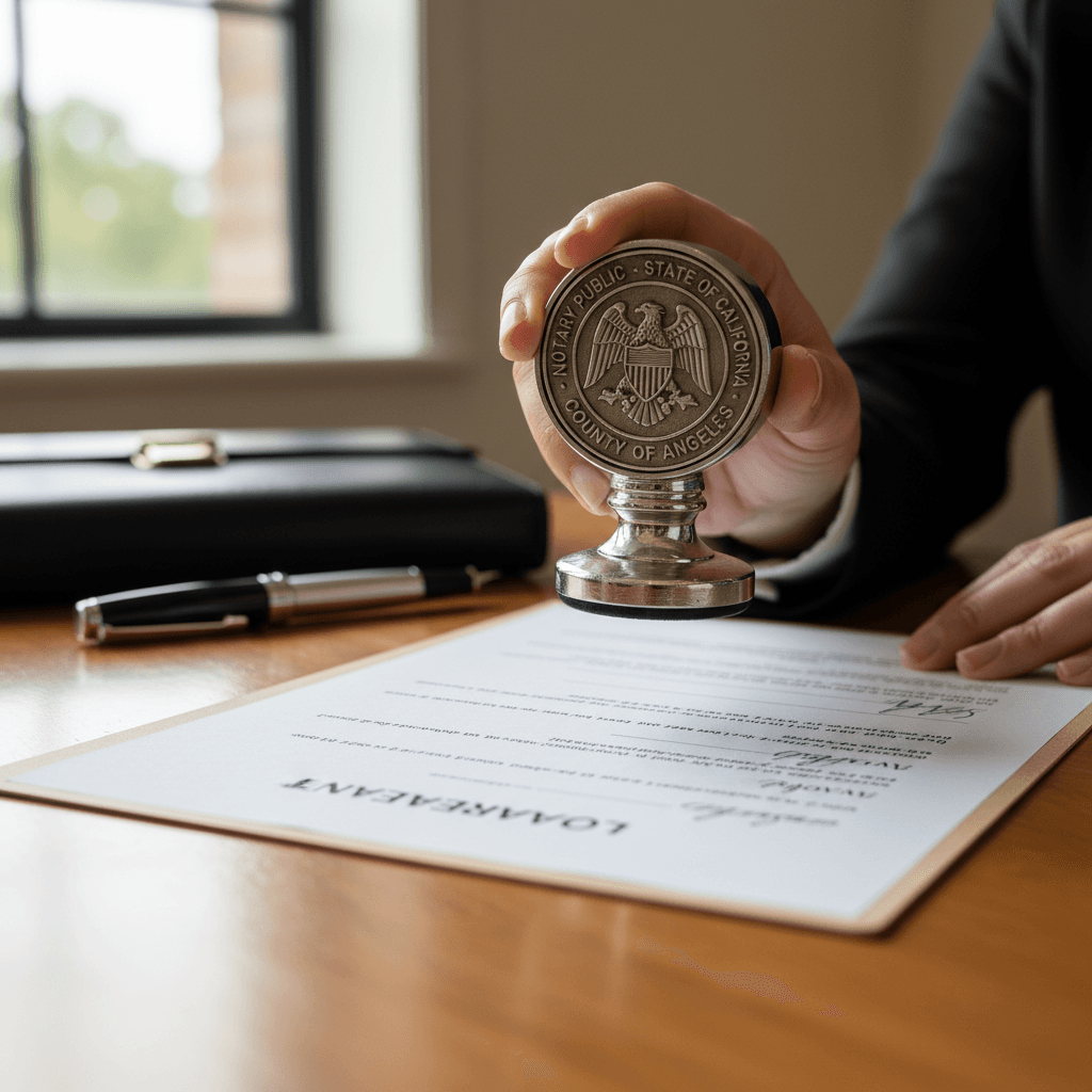 A notary holding a smartphone showing a QR code on a desk with documents and a pen