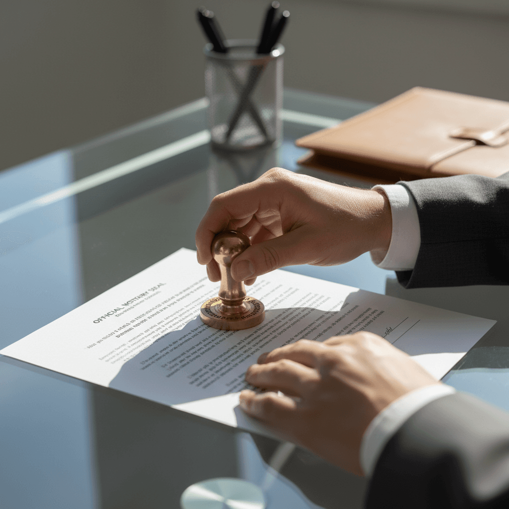 Hands holding a smartphone showing a payment confirmation screen with a QR code on a desk with a notary seal